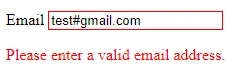 email form input with an invalid address, input border is red and there's error text to go along with it
