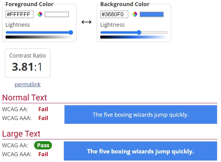 WebAIM tool showing that the color contrast ratio of the banner is not compliant